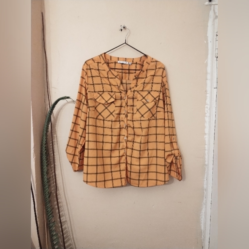 Notations yellow/ black window pane button‎ down polyester top size XL